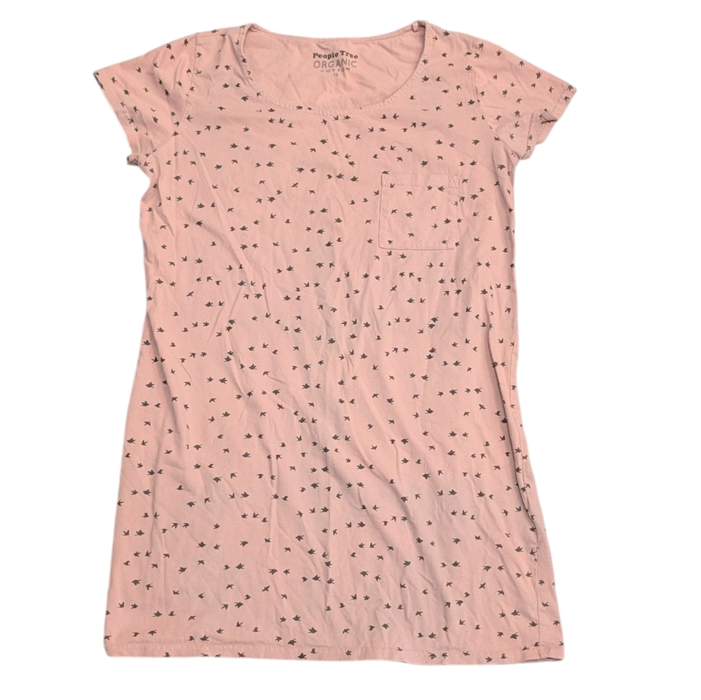 People Tree Organic Cotton Night Gown Sleep Tee Shirt Blush Pink Bird Print UK12